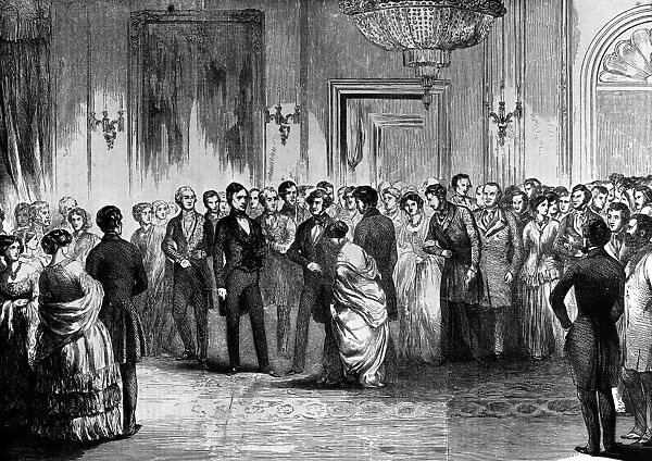 FRANKLIN PIERCE (1804-1869). 14th President of the United States. Pierces levee at the White House. Wood engraving, 1854