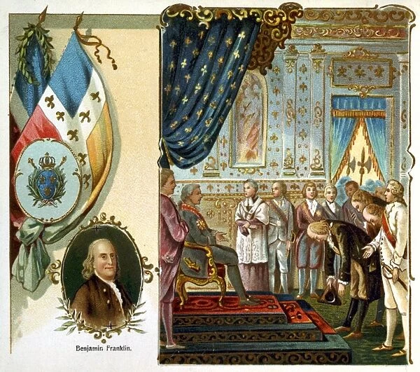 FRANKLIN AT VERSAILLES. Benjamin Franklins first audience before King Louis XVI of France at the palace of Versailles, 20 March 1778. Chromolithograph, American, c1903