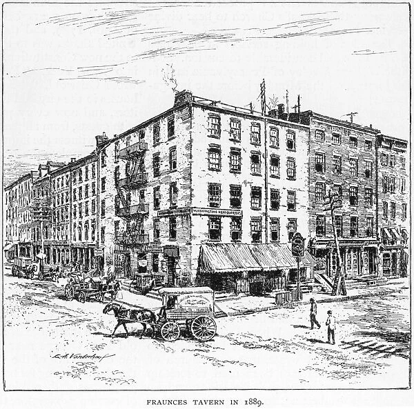 Fraunces Tavern, at 101 Broad Street, corner of Pearl Street, where General George Washington bade farewell to his officers on 4 December 1783. Drawing, 1889
