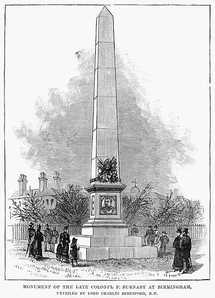 FREDERICK GUSTAVUS BURNABY (1842-1885). English traveller and soldier. Monument dedicated to Burnaby in Birmingham, England. Wood engraving, English, 1885