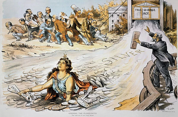 FREE SILVER CARTOON, 1890. Opening the Flood Gates  /  The Mad Act of Our Crazy Senate. American cartoon, 1890, by F. Victor Gillam opposing the enactment of the Sherman Silver Purchase Act