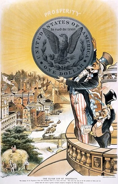 FREE SILVER CARTOON, 1890. The Silver Sun of Prosperity. American cartoon, 1890, by Bernard Gillam hailing the enactment of the Sherman Silver Purchase Act