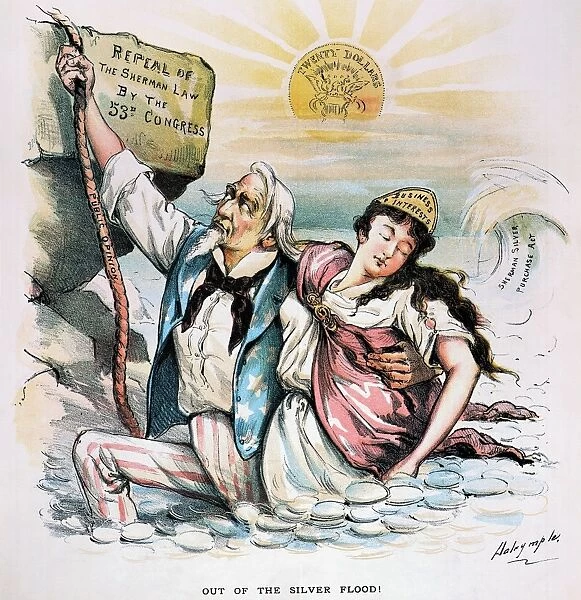 FREE SILVER CARTOON, 1893. Out of the Silver Flood! American cartoon, 1893, by Louis Dalrymple hailing the repeal of the Sherman Silver Purchase Act