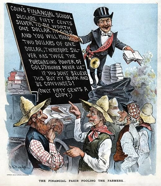 FREE SILVER CARTOON, 1895. The Financial Fakir Fooling the Farmers. Cartoon depicting William H