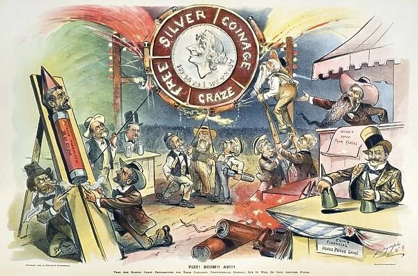 FREE SILVER CARTOON, 1895. Fizz! Boom!! Ah!!! Cartoon depicting Richard Parks Bland, Charles F