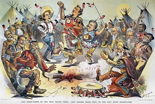 FREE SILVER CARTOON, 1896. Last Ghost-Dance of the Free Silver Tribe. Populists Tom Watson and William Jennings Bryan lead the war dance in this 1896 American cartoon by Louis Dalrymple