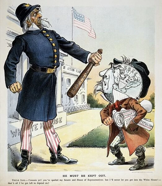 FREE SILVER CARTOON, 1896. He Must Be Kept Out (of the White House). An anti-Free Silver cartoon by Joseph Keppler, Jr. 1896