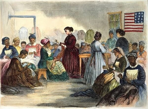 FREEDMANs SCHOOL 1866. The Freedmans Union Industrial School at Richmond, Virginia: colored engraving, 1866