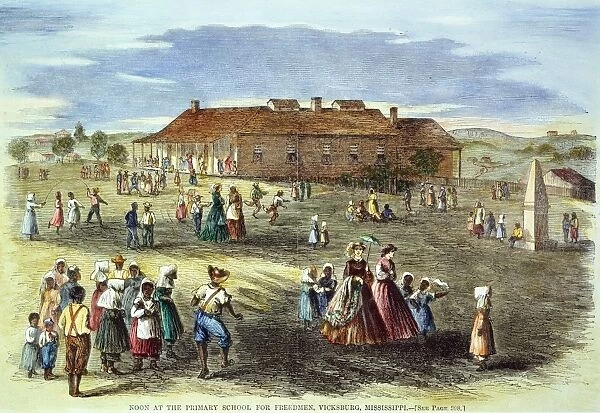 FREEDMANs SCHOOL, 1866. Noon at the primary school for Freedmen at Vicksburg, Mississippi. Wood engraving, American, 1866