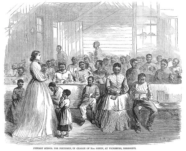 FREEDMANs SCHOOL, 1866. Primary school for freedmen, in charge of Mrs. Green, at Vicksburg, Mississippi. Wood engraving from an American newspaper of 1886