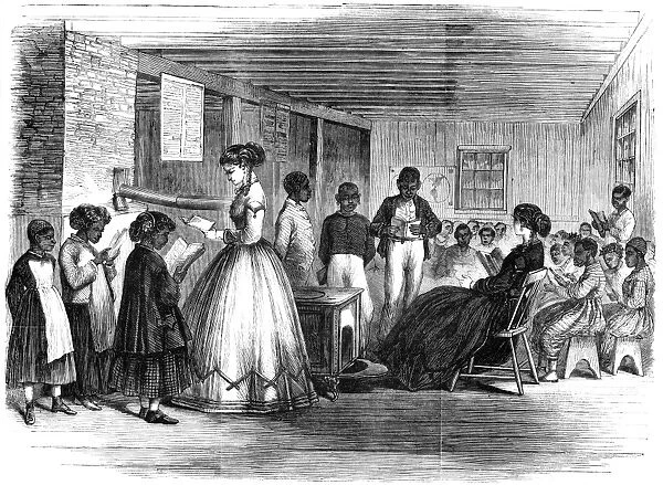 FREEDMEN SCHOOL, 1866. The Misses Cookes schoolroom in the Freedmans Bureau at Richmond, Virginia. Wood engraving, American, 1866