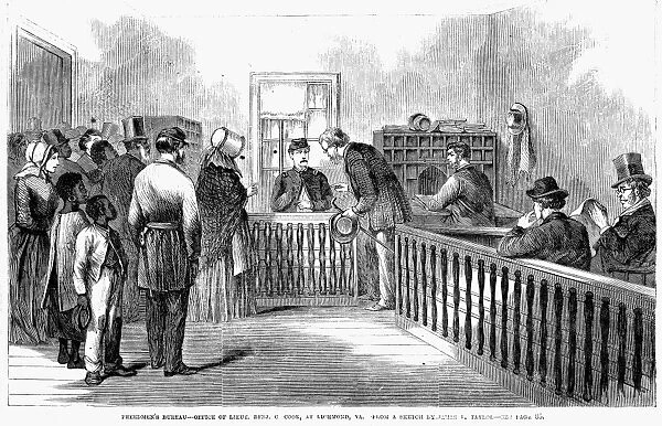 FREEDMENs BUREAU, 1866. Freedmens Bureau - Office of Lieutenant Benjamin Cook, at Richmond, Virginia. Wood engraving from an American newspaper of 1866