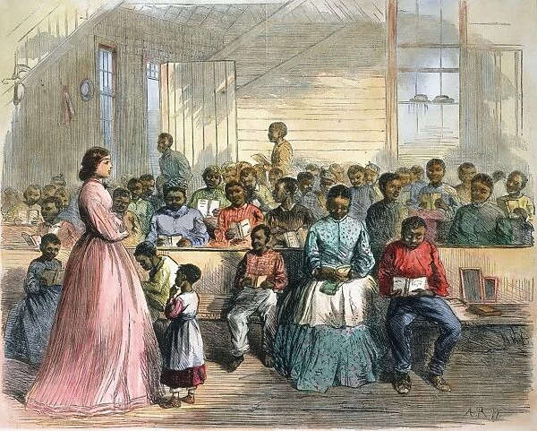 FREEDMENs SCHOOL, 1866. Primary school for Freedmen, in charge of Mrs. Green, at Vicksburg, Mississippi. Wood engraving, American, 1866