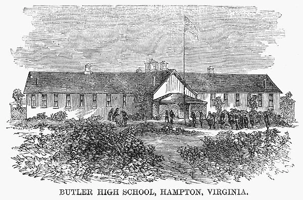 FREEDMENs SCHOOL, 1868. Butler High School at Hampton, Virginia, established as a school for freedmen after the Civil War. Wood engraving, American, 1868