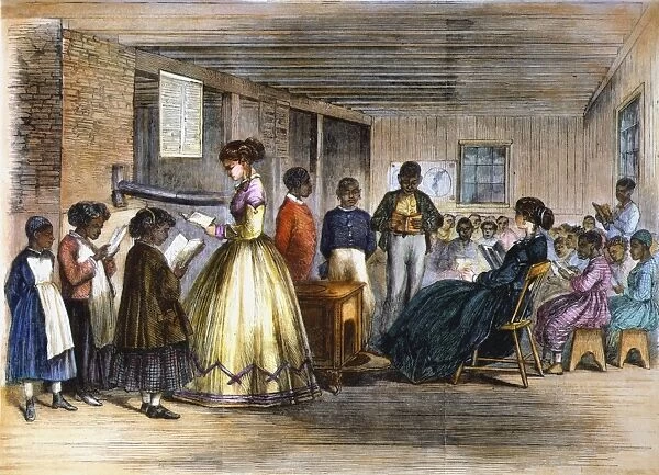 FREEDMENs SCHOOL. The Misses Cookes schoolroom in the Freedmans Bureau at Richmond, Virginia. Wood engraving, American, 1866