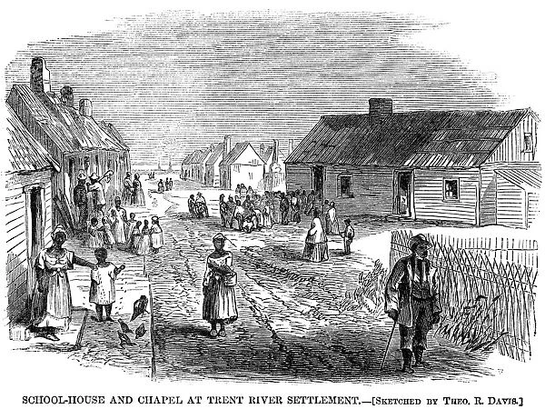 FREEDMENs VILLAGE, 1866. The freedmans settlement at Trent River, North Carolina. Wood engraving from an American newspaper of 1866