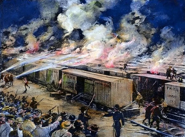 Six hundred freight cars at the Panhandle yards, Chicago, set afire by rioting workers during the Pullman strike on the evening of 6 July 1894. Illustration from a contemporary American newspaper