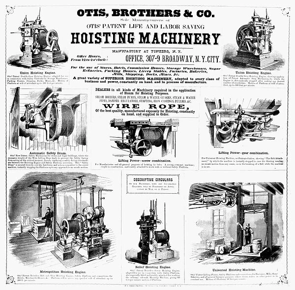 FREIGHT ELEVATOR, c1870. Advertisement, c1870, for the hoisting machinery manufactured by Otis, Brothers & Co. Wood engraving, c1870
