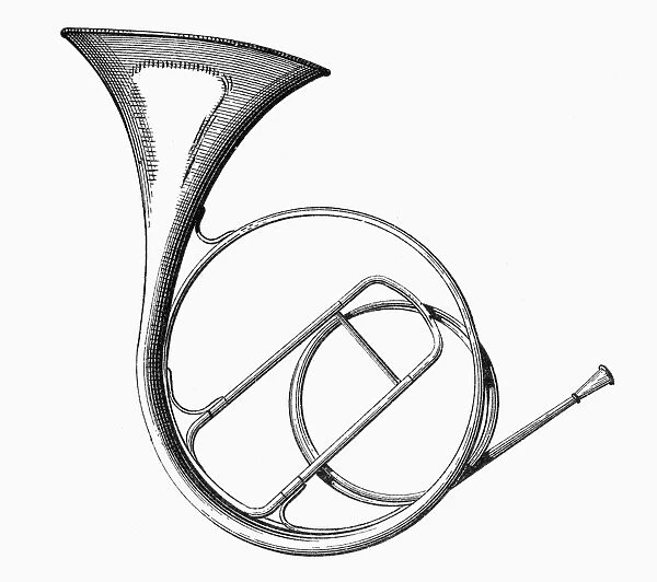 FRENCH HORN. A valveless French horn, or hand horn. Line engraving, 19th century