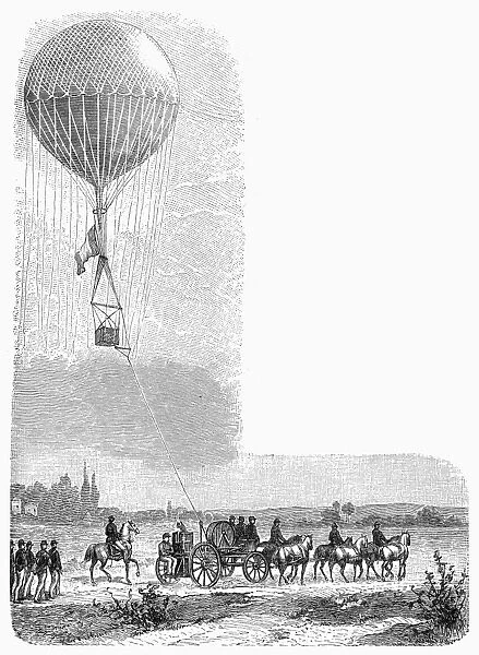 French military observation balloon. 19th century engraving