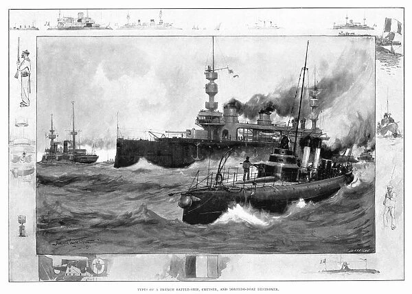 FRENCH NAVAL SHIPS, 1902. A French battleship, cruiser, and submarine. Illustration