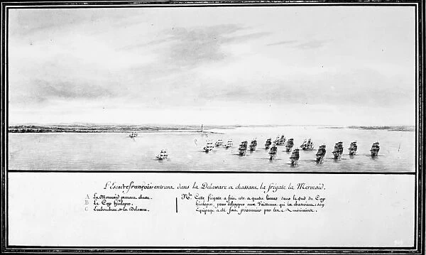French naval squadron under the command of Comte d Estaing entering the Delaware River in pursuit of the British warship Mermaid, 1778. Contemporary drawing by Pierre Ozanne