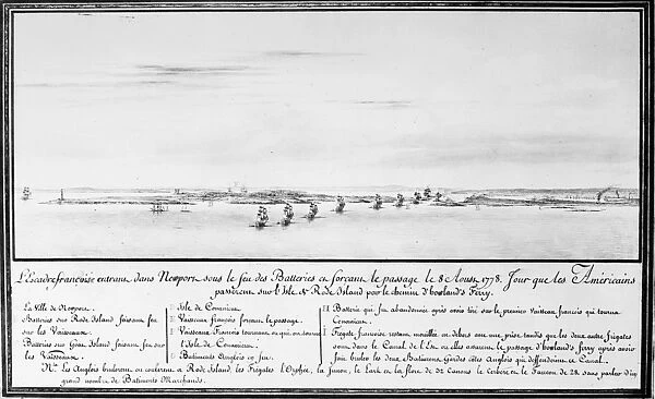 French naval squadron under the command of Comte d Estaing entering Newport, Rhode Island, under fire, in order to aid the American cause, 8 August 1778. Contemporary drawing by Pierre Ozanne
