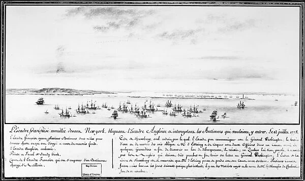 French naval squadron commanded by Comte d Estaing blocking the British squadrons entry into New York Harbor in order to aid the American cause, 12 July 1778. Contemporary drawing by Pierre Ozanne