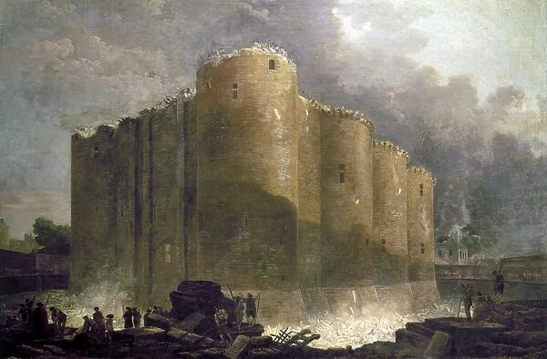 FRENCH REVOLUTION, 1789. The demolition of the Bastille in Paris, summer 1789. Contemporary oil on canvas by Huber Robert
