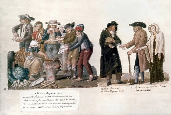 FRENCH REVOLUTION, 1795-96. Scarcity and privation in Paris during the 4th year of the French Revolution, 1795-96. Gouache by Pierre-Etienne Le Sueur