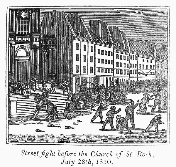FRENCH REVOLUTION, 1830. Street fighting before the Church of St. Roch, 28 July 1830. Wood engraving, American, 1830