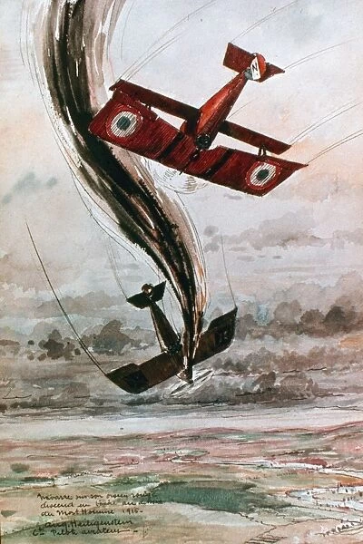 French victor in aerial combat with a German plane over France. Watercolor, 1916