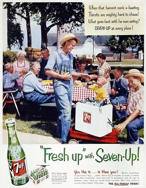 Fresh Up With Seven-Up! Advertisement for 7-Up soda ( the all-family drink ) from an American magazine, 1954
