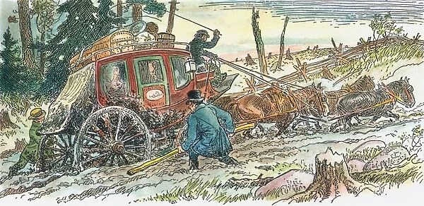 FRONTIER MAIL COACH, c1830. A mail coach makes its way over muddy roads on the Canadian frontier