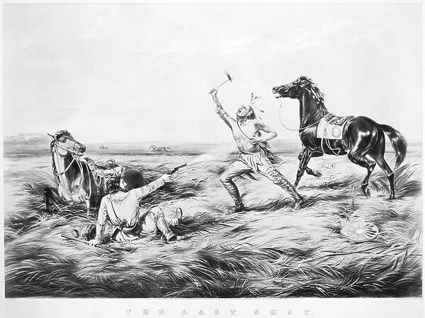 FRONTIERSMAN, 1858. The Last Shot. Lithograph, 1858, by Currier and Ives