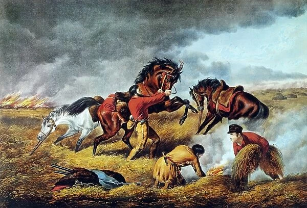 FRONTIERSMAN, 1862. Life on the Prairie. The Trappers Defense, Fire Fight Fire. Lithograph, 1862, by Currier & Ives