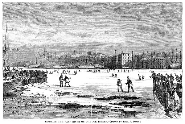 FROZEN EAST RIVER, 1871. Walking across the frozen East River between New York