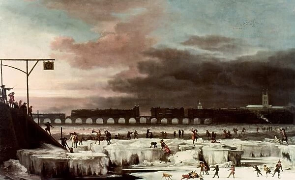 FROZEN THAMES. Oil painting, 1677, by Abraham Hondius