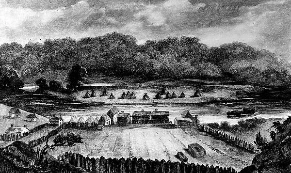 FUR TRADING POST, 1827. Trading post of the American Fur Company on the present site of Fond du Lac, Wisconsin. Line engraving, 1827