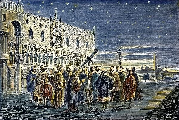 GALILEO GALILEI (1564-1642). Galileo demonstrating his telescopic discovery of the satellites of Jupiter to the Doge and councillors of Venice on 25 August 1609. Colored French engraving, 19th century