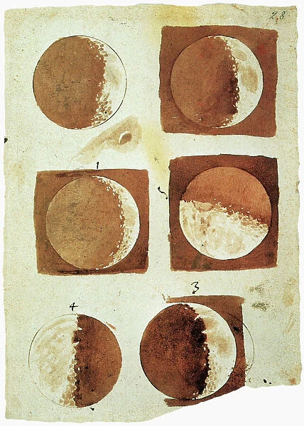 GALILEO: MOON. Sketches by Galileo of the moon as he saw it through the telescope, from his book The Starry Messenger, 1610