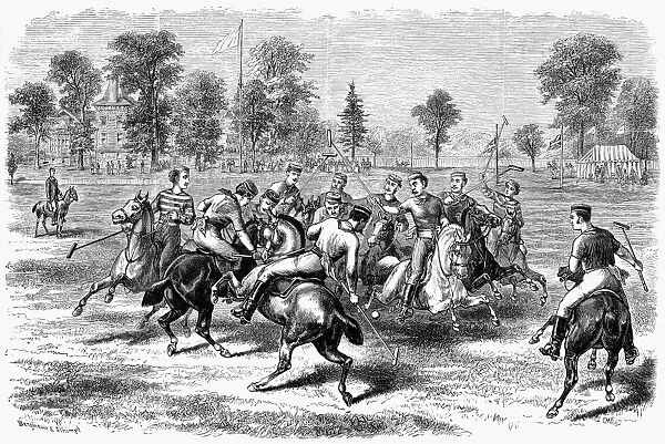 A game in progress at the Jerome Park grounds of the Polo Club of New York in 1876. Contemporary line engraving