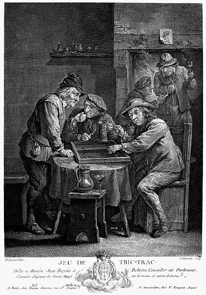 A Game of Trictrac. Line engraving, French, 18th century, after a painting by David Teniers the Younger (1610-1690)