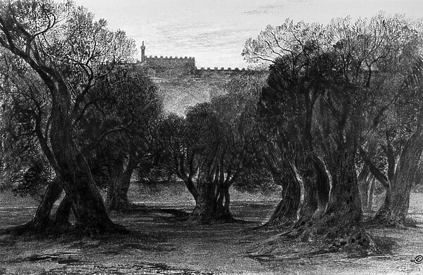 GARDEN OF GETHSEMANE. The Garden of Gethsemane in Jerusalem. Watercolor on paper by Edward Lear