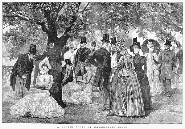 A garden party at Marlborough House, London, home of the Prince and Princess of Wales. Line engraving, English, 1888