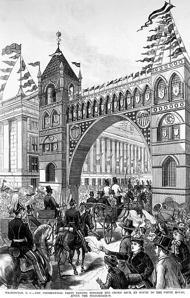GARFIELD INAUGURATION, 1881. The procession to the White House after the inauguration of James A. Garfield as 20th President of the United States on 4 March 1881. Wood engraving from a contemporary newspaper