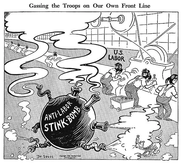 Gassing the Troops on Our Own Front Line : American cartoon by Dr. Seuss (Theodor Geisel) for the New York City newspaper, PM, 26 March 1942, critical of anti-labor attitudes as damaging to the American war effort on the home front during World War II