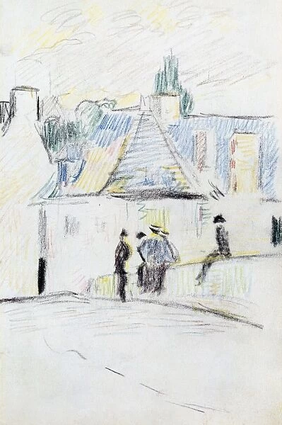 GAUGUIN: PONT-AVEN. The Bridge at Pont-Aven. Pen and crayon drawing from a sketchbook of Paul Gauguin, 1884-88