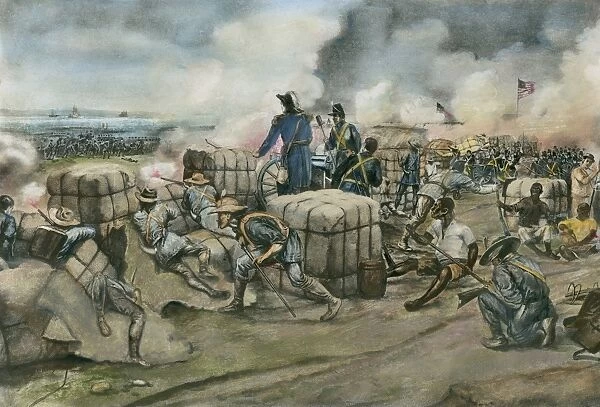 General Andrew Jackson (center, wearing cocked hat) commanding his forces at the Battle of New Orleans, 8 January 1815. Lithograph, 1903