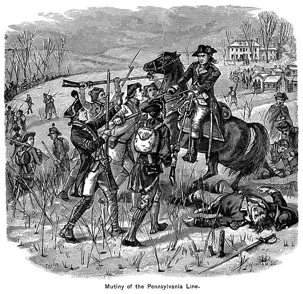 General Anthony Wayne attempting to quell the mutiny of Pennsylvania troops on New Years Day, 1781, during the American Revolutionary War. Wood engraving, 19th century